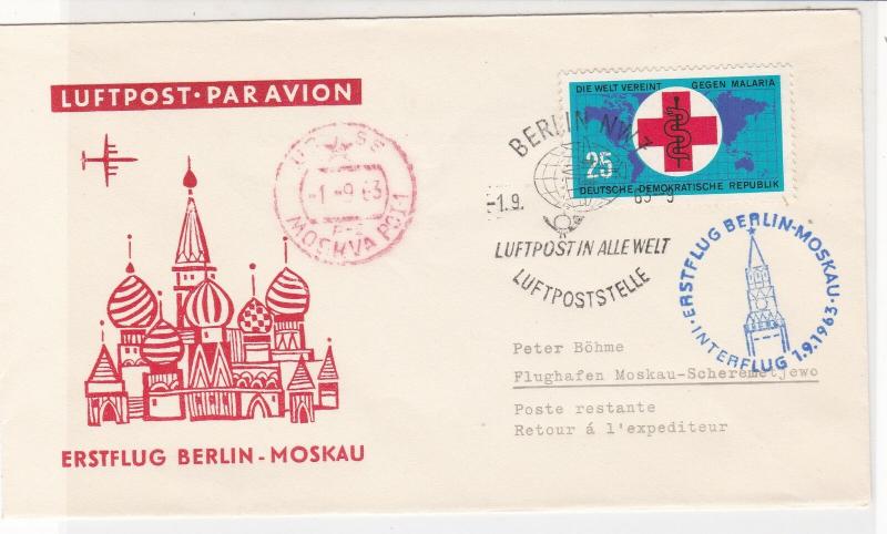 DDR 1963 1st Flight Berlin-Moscow Interflight Slogan Cancel Stamps Cover Rf26611