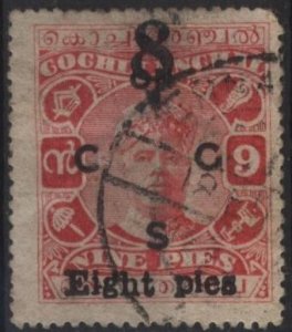 India: Cochin O25 (used) 8p on 9p Sri Rama Varma II, car rose, ovptd (1923)