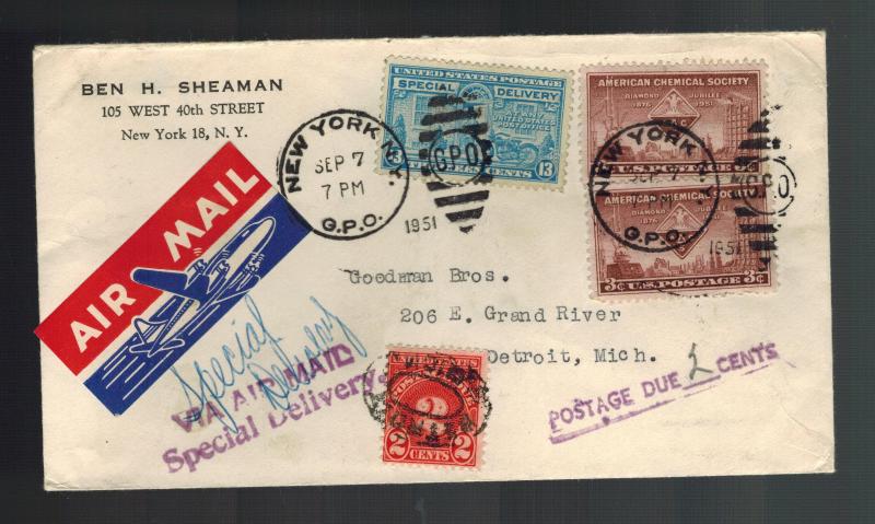 1951 New York NY USA Cover Postage Due Special Delivery
