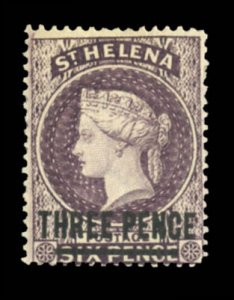 St. Helena #14 Cat$140, 1873 3p on 6p dark violet, hinge remnant