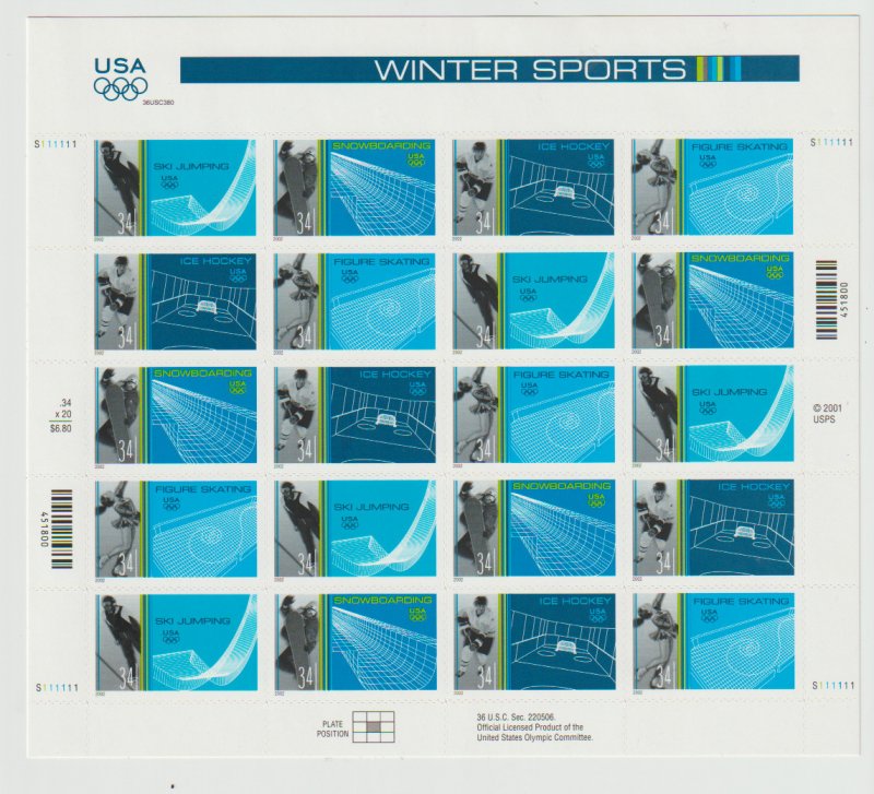 US Scott #3552-3555 .2002 Winter Sports Sheet of 20  Mint 1 Hinge mark