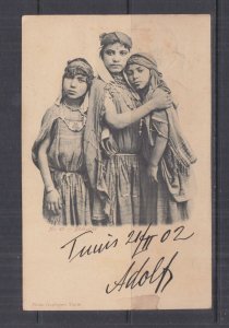 TUNISIA, 1902 ppc. Bedouin Girls, 5c. Tunis to Austria. 