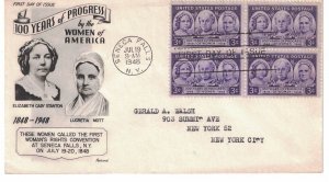 #959 FDC, 3c Progress of Women, Fleetwood cachet, block of 4