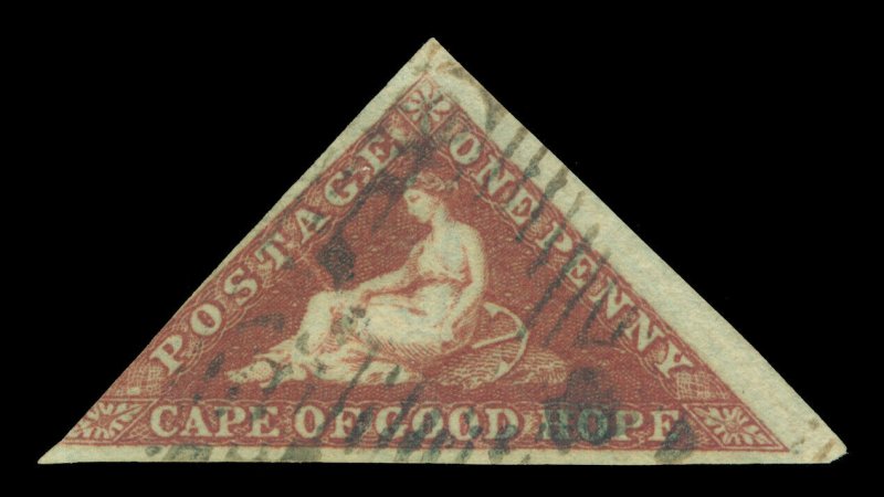 CAPE OF GOOD HOPE 1853 Triangulars 1d deep brick red, deep bluish p.Sc# 1b used