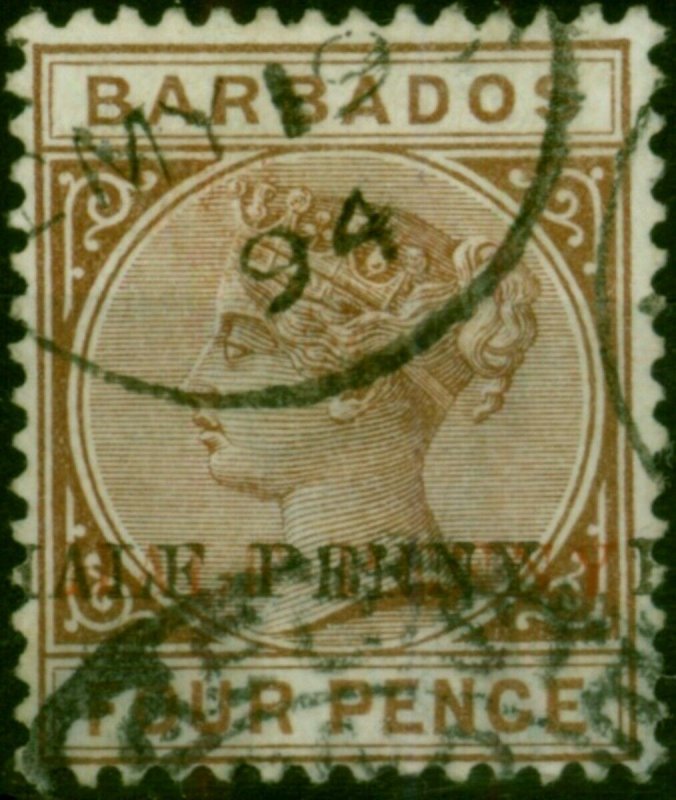 Barbados 1892 1/2d on 4d Dp Brown SG104b Surch Double Red & Black Fine Used R... 