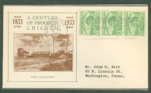 US 728 1933 1c Century of Progress (Fort Dearborn) strip of three on an addressed (handstamp) first day cover with an Adam Bert