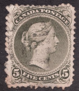 1875 - Canada - Sc #26 Olive - 5¢ Large Queen - FILLER - LARGE AREA of THIN SPOT