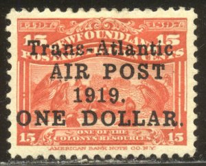 NEWFOUNDLAND #C2a Mint - 1919 $1 on 15c Scarlet, No Comma