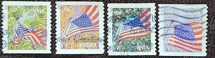 US Scott # 4774-4777; four used Flag coils from 2013; VF/XF centering; off paper