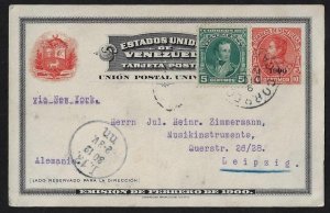 VENEZUELA 1905 UPRATED POSTAL CARD CARACAS TO LEIPZIG GERMANY