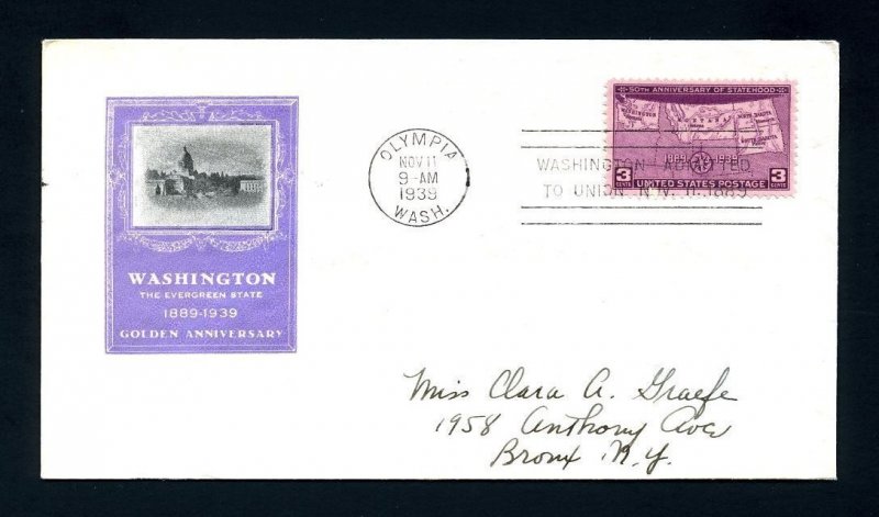 # 858 First Day Cover with Ioor cachet from Olympia, Washington - 11-11-1939