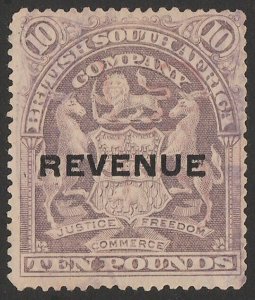 RHODESIA 1907 'REVENUE' on Arms £10 lilac. RARE!