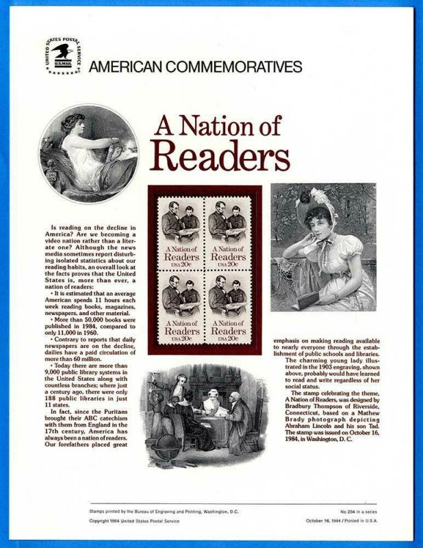 USPS COMMEMORATIVE PANEL #233 NATION OF READERS #2106