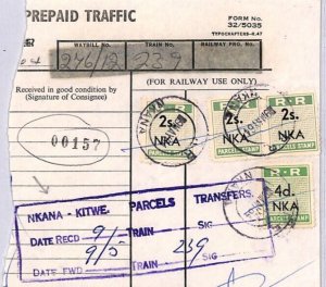 RHODESIA RAILWAYS Way Bill Parcel Stamps 2s & 4d Nkana Kitwe ZAMBIA 1964 ZR235
