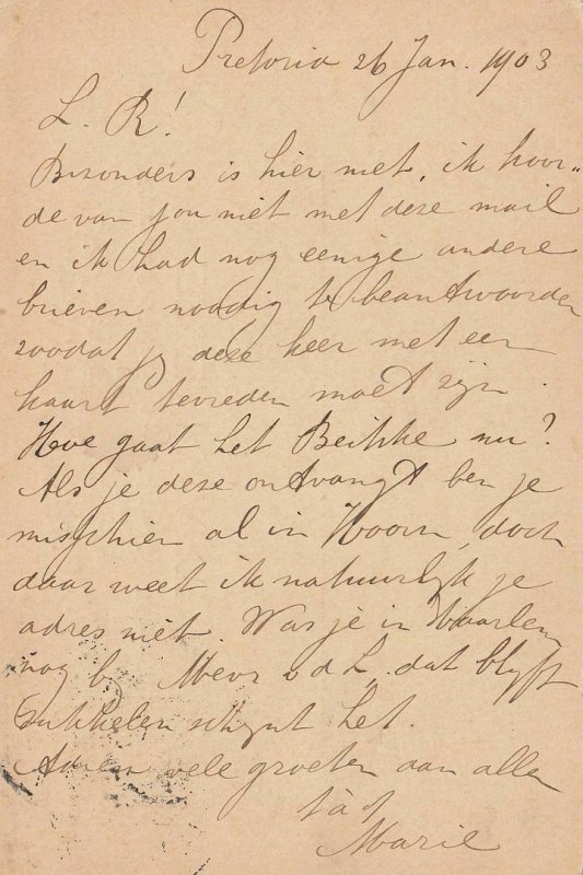 Orange River Colony - Pretoria Jan 26, 1903 Card to Holland