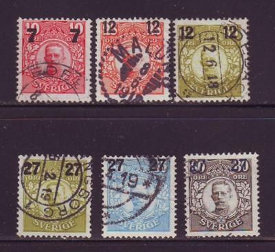 Sweden Sc 99-104 1918 7,12 & 27 ore overprint stamps used