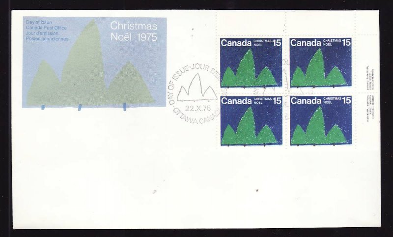 Canada-Sc#679-stamps [UR Plate Block] on FDC-Christmas-1975-