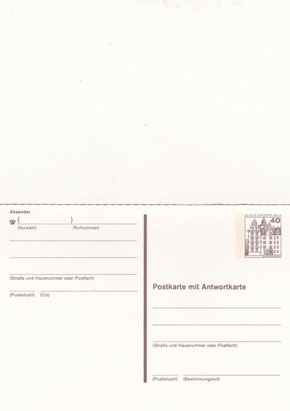 West Berlin 40pfg Prepaid Postcard with Reply Unused VGC