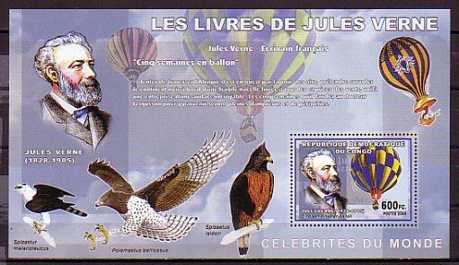 Congo Dem., Mi cat. 2302, BL367 A. Jules Verne and Hot Air Balloon s/sheet. ^