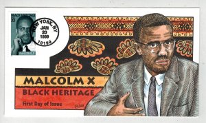 1999 COLLINS HANDPAINTED FDC 3273 MALCOLM X BLACK HERITAGE STAMP ISSUE