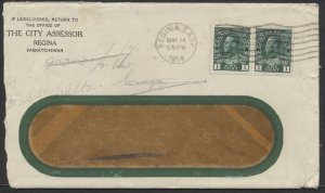 1914 #125ii 1c Admiral Blue Green Coil Pair On Cover Regina City Assessor CC