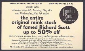 1958 FRANKLIN SIMON SALE ON MINKS 59% OFF BY RICHARD SCOTT, CLEVELAND OH