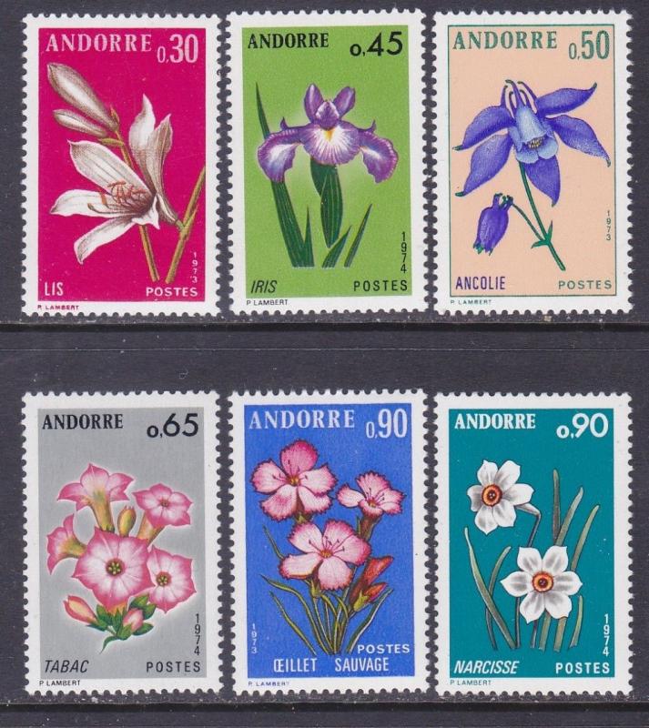 French Andorra 222-27 MNH OG 1973-74 Various Types of Flowers Full Set Very Fine