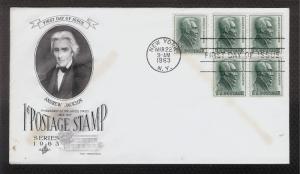 FIRST DAY COVER #1209 Andrew Jackson 1c Block of 4 +1 ARTCRAFT U/A FDC 1963