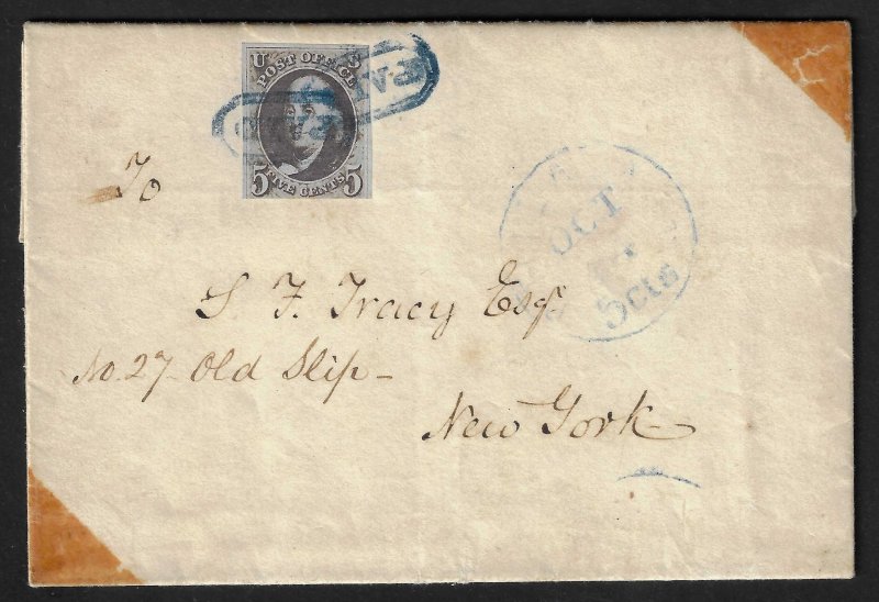 Scott #1a - $550.00 – Fine – Tied on 1847 cover to New York. Showpiece!