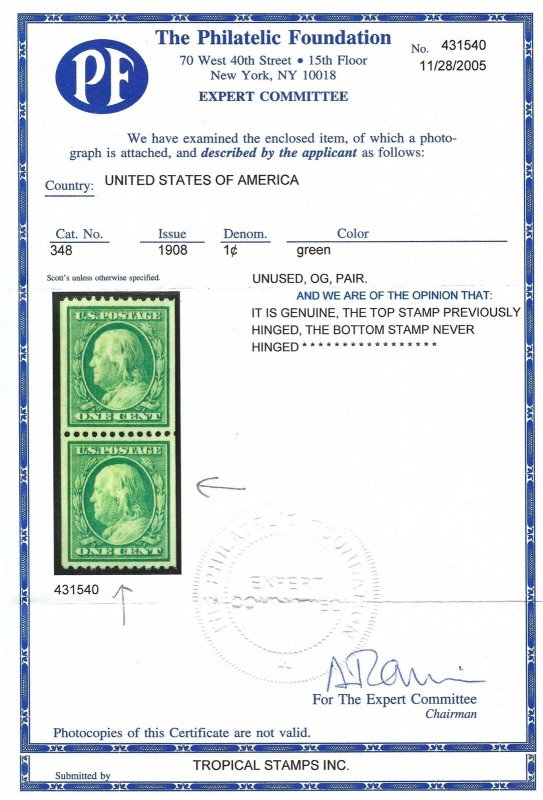 *348 SUPERB, NEVER HINGED (PF CERTIFICATE!)