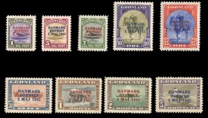 Greenland 19-27, $1,350, 1945 Liberation, never hinged with handstamp guarentees