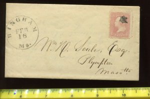 65 Used Stamp with Hingham Mass Fancy Bat Fancy Cancel on Nice Cover (65-B1)