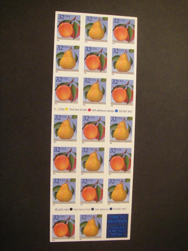 Scott 2494a, 29c Peach & Pear, Pane of 20, #V33363, Type C, BE, MNH Booklet