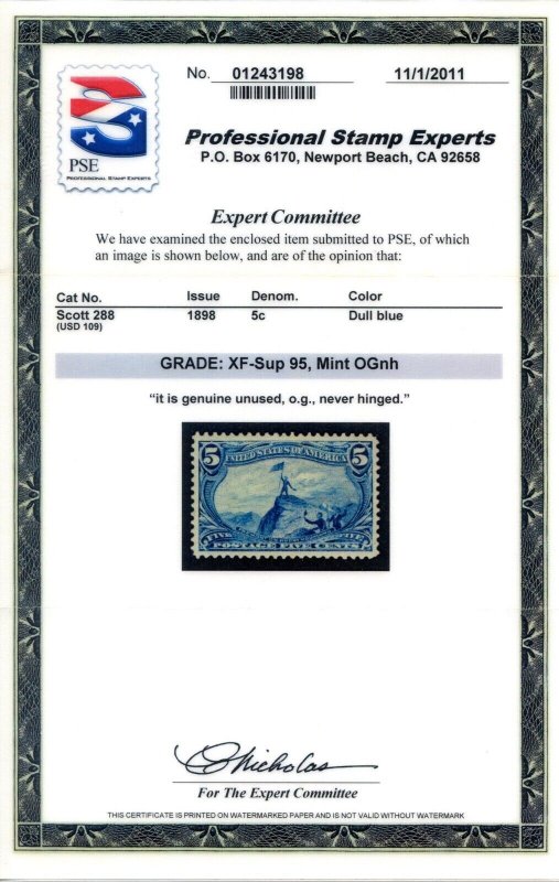 US SCOTT #288 MINT-XF-SUPERB-OG-NH GRADED 95 W/ PSE CERT SMQ $2,000 (8/1/24 GP)