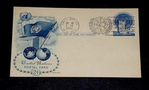 U.N.1952, NEW YORK, #UX1, ART MASTER CACHET POSTAL CARD ,FDC, NICE!! LQQK!!!