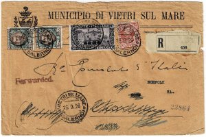 Italy 1926 Vietri Sul Mare cancel on registered cover to the U.S., forwarded