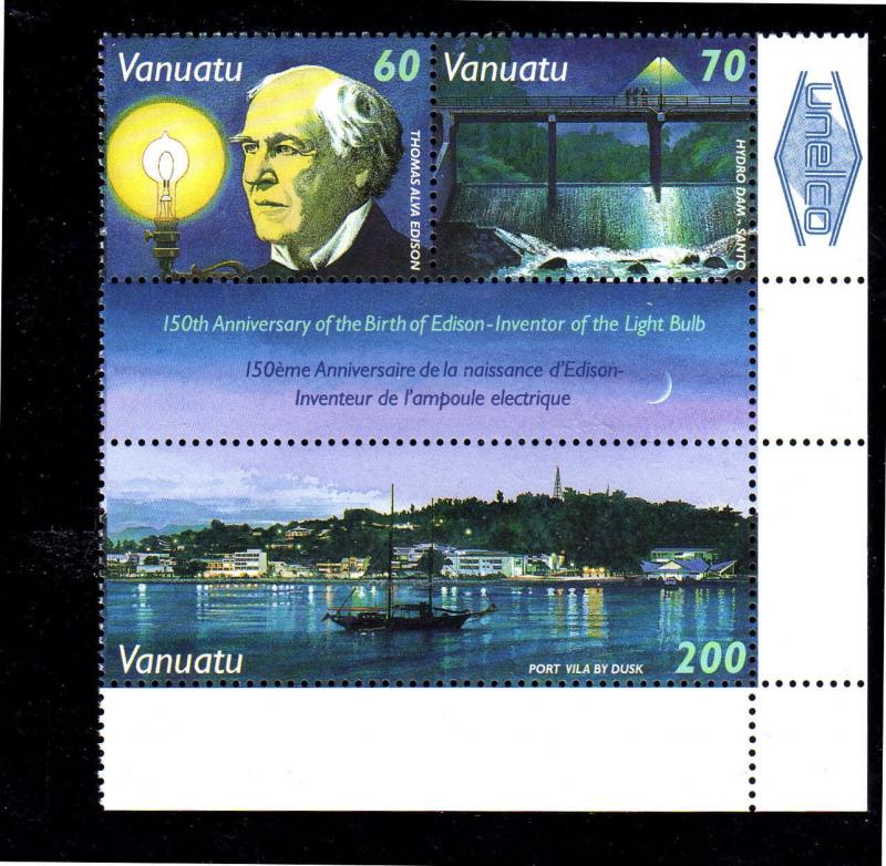 VANUATTU #709a  1997  THOMAS EDISON  BLOCK OF 3  MINT  VF NH  O.G  ( D)