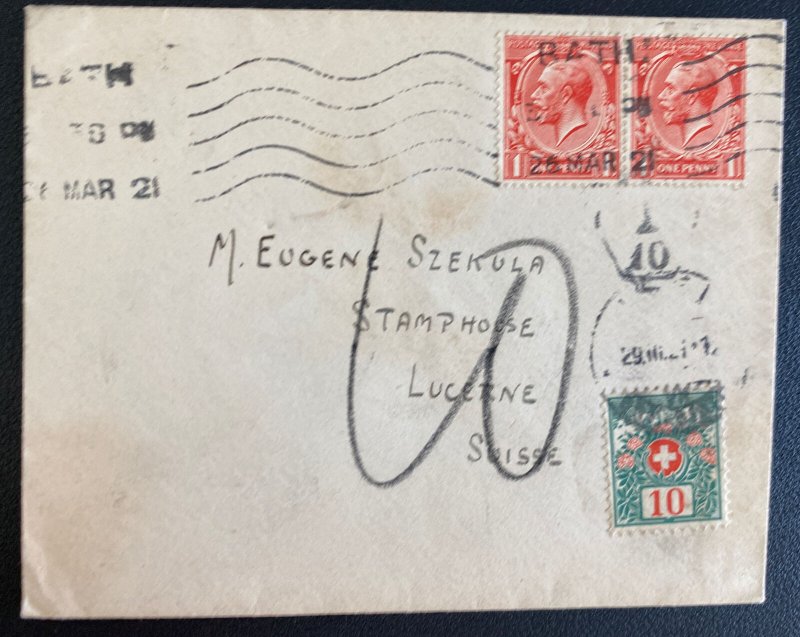 1921 Bath England Postage Due Cover To Lucerne Switzerland