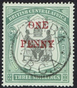 BRITISH CENTRAL AFRICA 1897 ARMS ONE PENNY ON 3/- USED