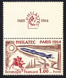 France 1100 MNH OG 1fr PARIS PHILASTEC 1964 W/Label on Top Issue Very Fine