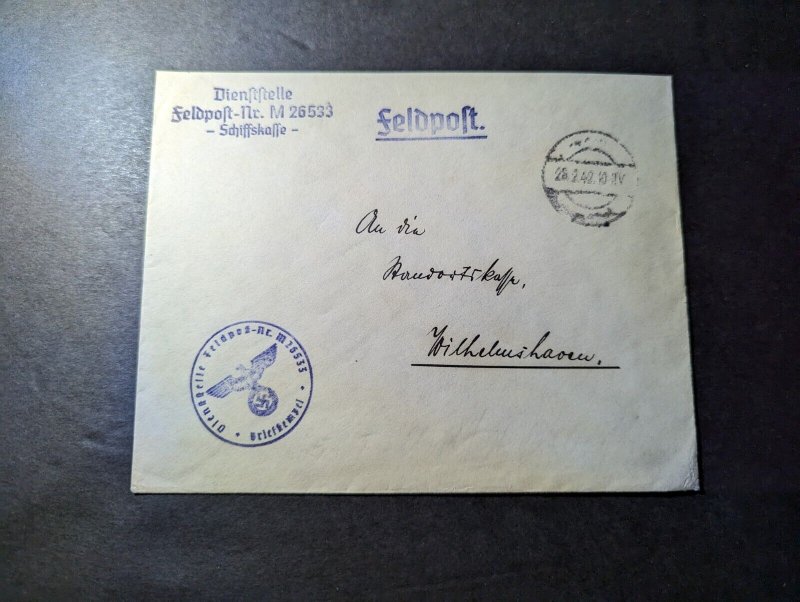 1942 Germany Uboat Feldpost Cover M 26533 to Wilhelmshaven