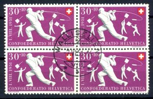 SWITZERLAND, 30 CENTIMES PRO PATRIA, SPORTS HORNUSSEN, used block of 4,