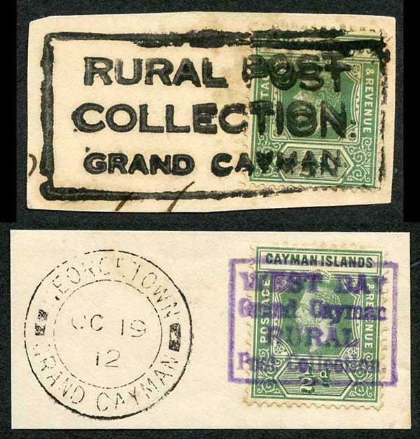 Cayman Is SG41 Two RARE RURAL POST handstamps on Pieces