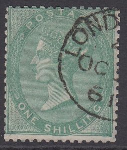 SG 72 1/- green. Very fine used part 1861 London CDS, leaving Queens profile...