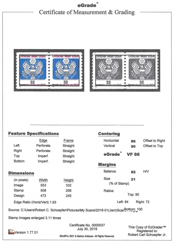 O153 32 cents official Coil Pair Stamp M OG NH EGRADED VF-XF 86