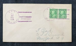 1934 USS Aaron Ward US Navy Cover to New York City San Diego Cancel