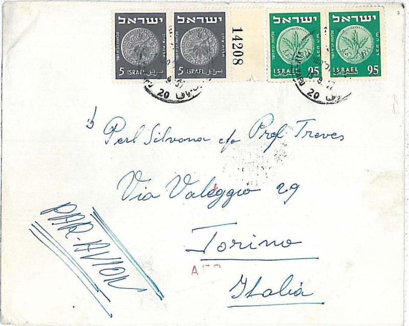 POSTAL HISTORY  ISRAEL : COVER to ITALY 1957 - STAMPS with PLATE NUMBER on tab