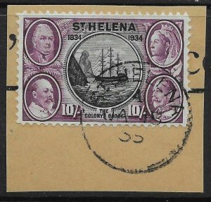 ST.HELENA SG123 1934 CENTENARY 10/= BLACK & PURPLE USED ON PIECE