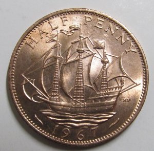 GREAT BRITAIN 1967 1/2 Penny Elizabeth II The Golden Hind UNC Coin B300