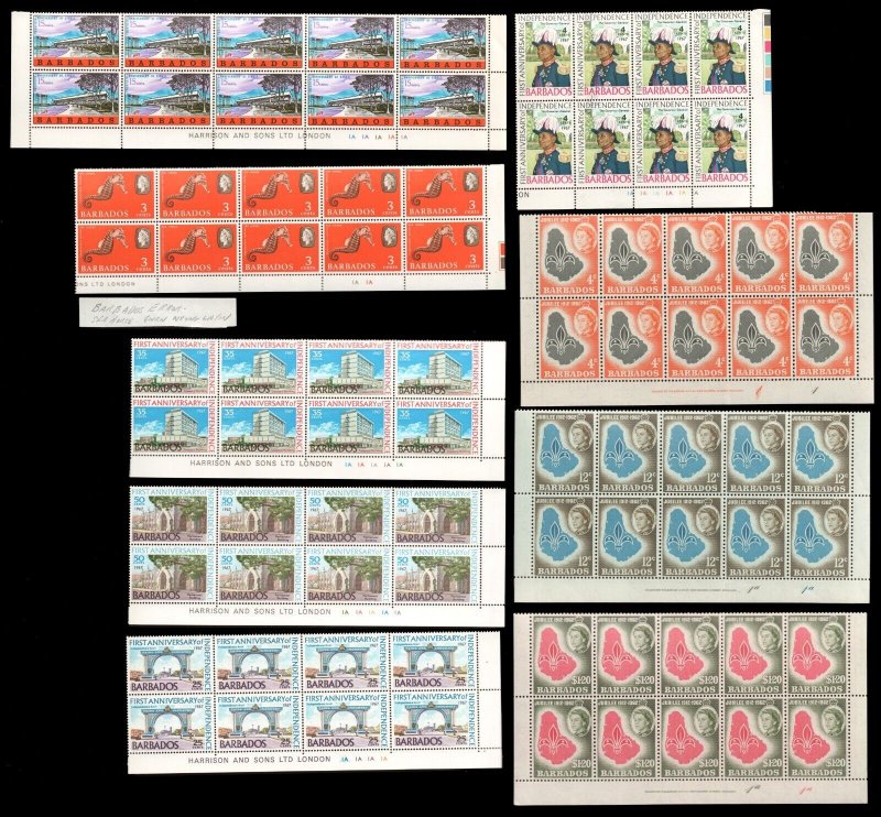 BARBADOS 1968 MNH Lot of 9 Large Plate / Margin Blocks of Stamps CV$61